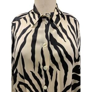 Vintage Brett Harrison Silk Zebra Print Blouse Black Ivory Button Front XL